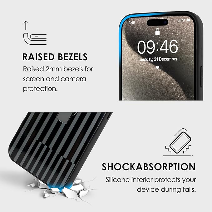 Compatible with iPhone 15 Pro Case with Finger Hand Strap Kickstand, Trendy Cool Striped Phone Case for Women Men, Full Camera Protection Shockproof Protective Cover, Black Stripes