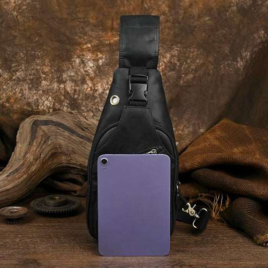 Le'aokuu Men Fashion Casual Tea Designer Travel Hiking Crossbody Chest Sling Bag Rig One Shoulder Strap Bag Men Leather 8015