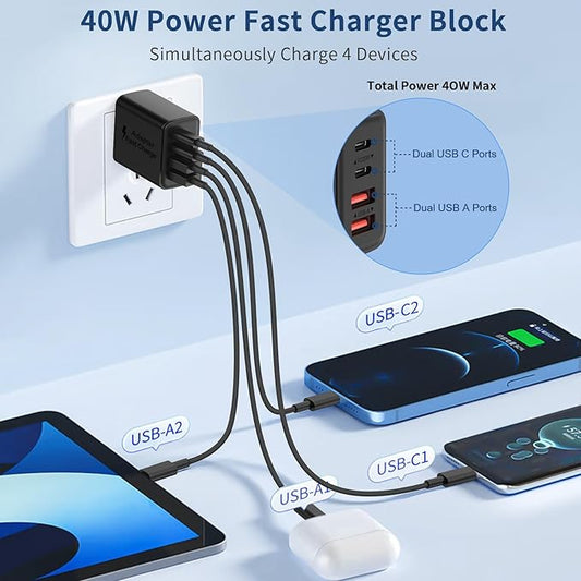 USB C Charger Block 40W, 2Pack 4-Port Type C Fast Charging Blocks, PD USB C Wall Plug + QC USB A Charger Cube Multiport Brick Compatible with iPhone 16 15 14 13 12 11 Pro Max XS, Samsung (Black+White)