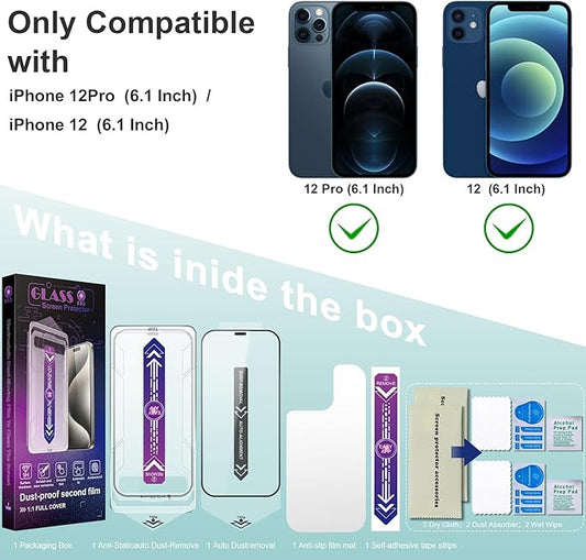2 Pack Screen Protector Tempered Glass for iPhone 12 and iPhone 12 Pro 6.1-Inch Auto Dust Removal, No Bubbles, High Definition Clear, Easy Installation