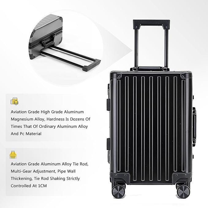YYW All aluminum-magnesium Carry-On Luggage 24 Inch,Airline Approved Lightweight Suitcase with TSA Lock and Silent Wheels,Suitable for business travel(Black, 24in)