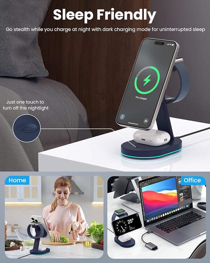 3 in 1 Wireless Charger Charging Station for iPhone,Qi2 Certified 15W Magnetic Charging Stand for Mag-Safe with 30W USB C Adapter&Friendly Night Light for iPhone 16/15/14/13/12,Apple Watch,AirPods