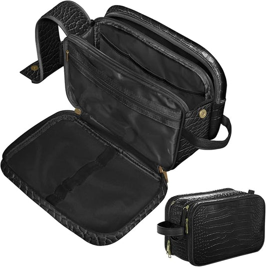Dot&Dot Leather Toiletry Bag for Men Women - Spacious Womens Mens Toiletry Travel Bag, Large Travel Toiletries Bags (Black Croc, Large)