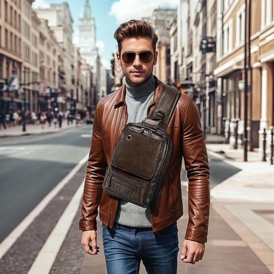 Vintage PU Leather Sling Backpack for Men, Crossbody Bag, Adjustable Shoulder Strap, Compact Backpack for Travel, Daily Use, and Gift, Dark Brown