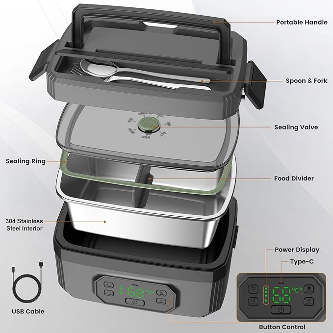 Cordless Electric Lunch Box - 24000mAh Rechargeable Heated Lunch Box, 1.6L Portable Self-Heating Food Warmer for Adults, Men & Women
