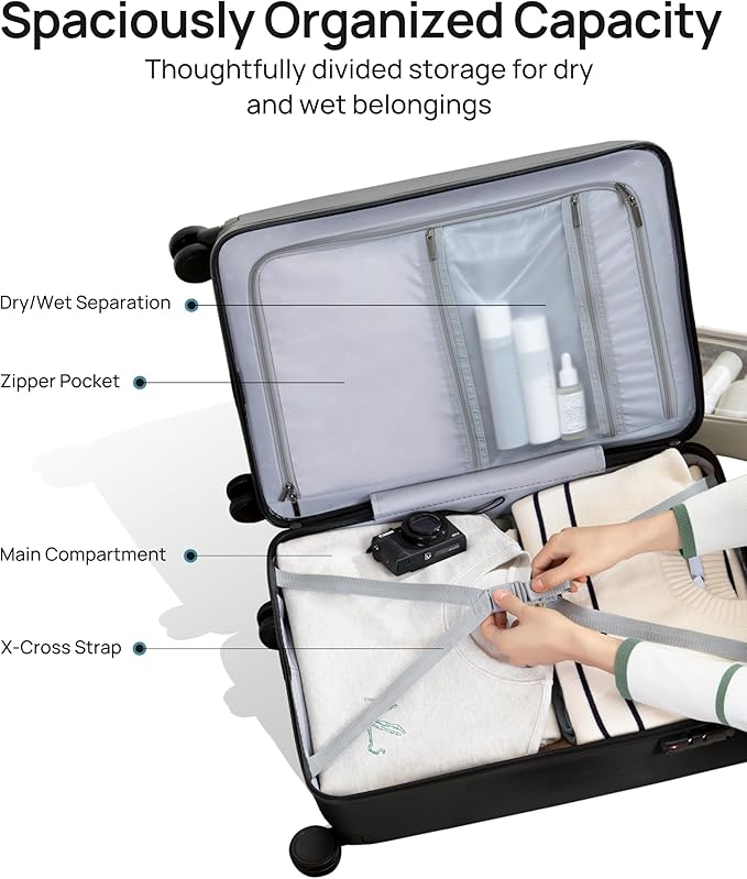 NINETYGO Carry On Suitcase, 20 Inch Carry-On Luggage with Double Spinner Wheels, Dry Wet Separate, PC Hard Case Suitcase, Lightweight Travel Luggage, TSA Approved (Black, Danube)