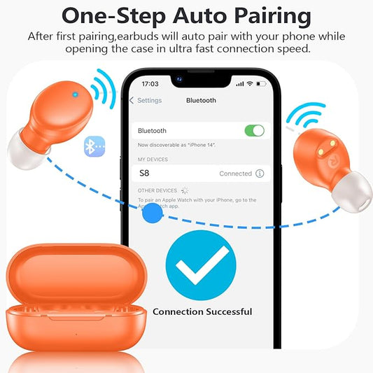 MOZOTER S8 Mini Wireless Earbuds Bluetooth 5.3 in Ear Light-Weight Headphones,60Hrs Playtime Ear Buds with Charging Case,Bluetooth Headsets,Premium Sound with Deep Bass for Sport-Orange
