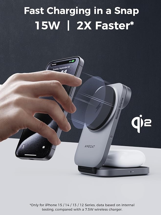 3 in 1 Charging Station, MagFusion Z Foldable Qi2 Certified 15W Wireless Charger Stand Compatible with MagSafe for iPhone 17/16/15/14/13/12, Apple Watch, AirPods (30W PD Charger Included)