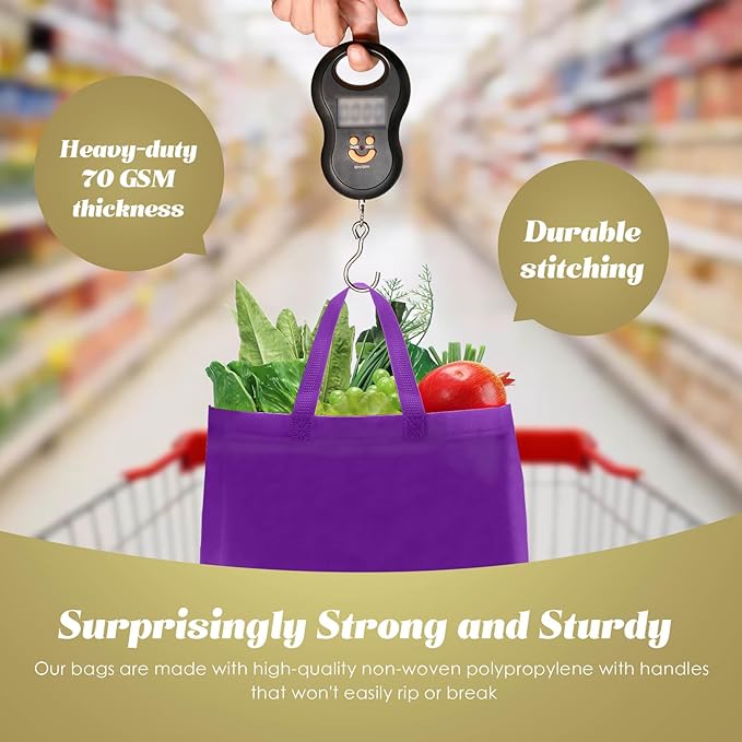 Reginary Reusable Totes Bags - 100 Pcs Non Woven Grocery Handle Bags for Shop Events & Retail Store(Purple)