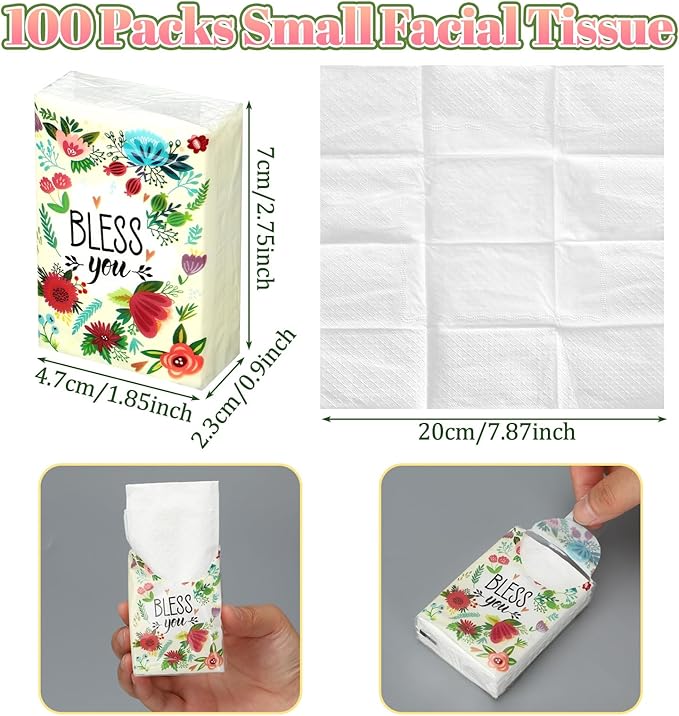 Therwen 100 Pack Pocket Tissues Travel Packs Bulk 1000 Sheet Mini Tissues Bulk 3 Ply Small Travel Size Paper Individual Pocket Size (Blossom)