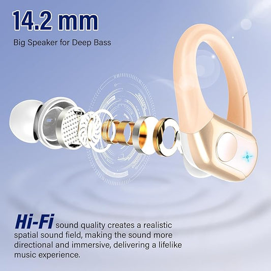 Wireless Earbuds Bluetooth 5.4 Headphones 75H Stereo Deep Bass Sports Over Ear Buds with Earhooks, LED Display Bluetooth Earbuds with 4 ENC Mic, IP7 Waterproof Earphone for Running, Khaki