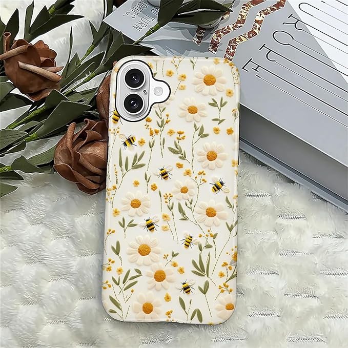 Case for iPhone 16 Case,Bees Sunflowers Design - Hybrid Dual Protection Silicone + Hard PC Shockproof Full Body Cover Slim Anti-Scratch Protective Case for Men Women
