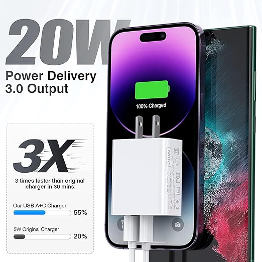 USB C Charger Block,3Pack 20W Dual Port USB C Wall Charger Plug Fast Charging Adapter USB A Quick Charging Brick Plug for iPhone Air/17 Pro Max/16E/16 ProMax/16Plus/15/14/13/12/11/XS,iPad Pro,AirPods