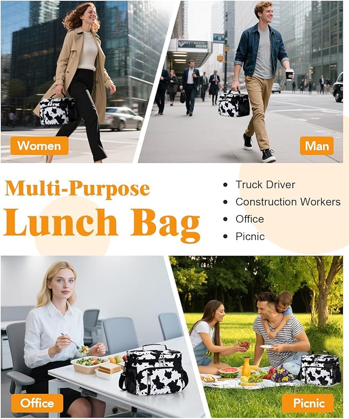Insulated Lunch Bag for Men & Women - Leakproof Lunch Box Soft Cooler Tote, Adjustable Strap, Reusable Lunch Box for Work Office Picnic Beach Travel-Cow Print