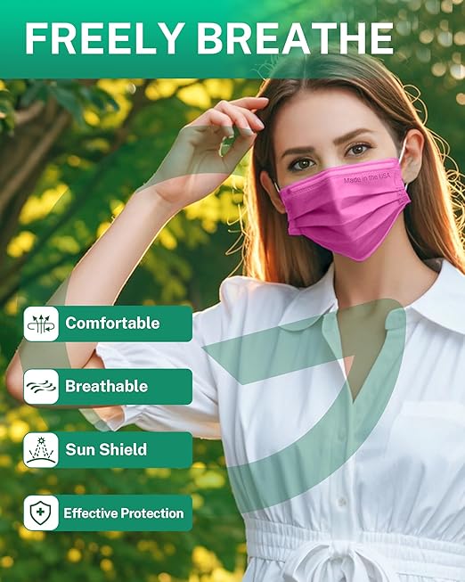 Disposable Face Masks Made in USA, 4 Ply for Families, Students, Breathable All-Day Wear & Safety, FSA HSA Eligible, ASTM Level 3 Medical Grade, 50 Pack, Rose Red