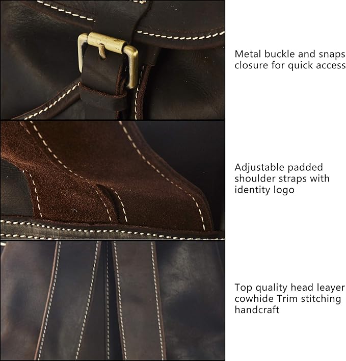 Backpack for Men Women Vintage Crazy Horse Full Leather Travel Daypack 15.6" Laptop Rucksack