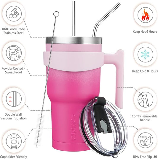 BJPKPK Tumbler With Handle 30oz Stainless Steel Insulated Tumbler Mugs With Lid And Straw For Women And Men,Cherry Blossom