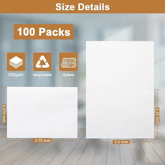 100 Packs White Blank Note Cards and Envelopes 4.25 x 5.5 Heavyweight Folded Cardstock and A2 Envelopes Printable Self Seal for Greeting Cards, Wedding Invitations, Thank You Cards, Party