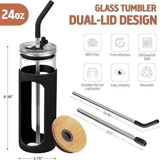 Kodrine 24oz Glass Tumbler with 2 Lids and Straws, Glass Cup With Bamboo Lid and On-the-go Lid, Reusable Iced Coffee Cup, Ideal for Smoothie, Cold Drinks, Fit Cup Holder, BPA Free (1, Black)