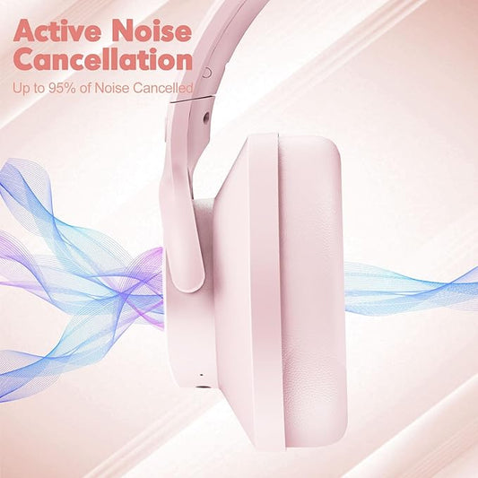 ZIHNIC Active Noise Cancelling Headphones, 60H Playtime Wireless Bluetooth Headset Low Latency-Pink