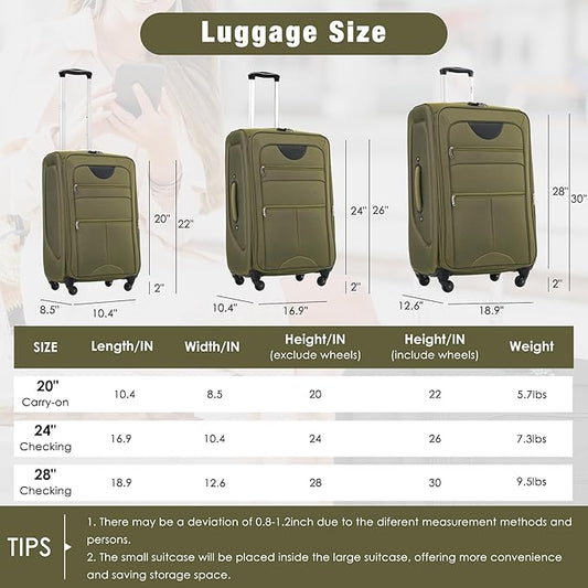 Merax Softside Luggage Set Softshell Lightweight 3 Piece Spinner Suitcase 22" 26" 30" Army Green
