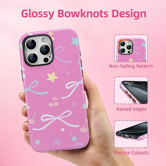 QLTYPRI Case for iPhone 16 Pro Max, Aesthetic Colorful Bow Cherry Stars Phone Case for Girls Women, Protective Hybrid 2-Layer Hard Shell Silicone Cover Durable Shockproof Phone Cover - Rose Red