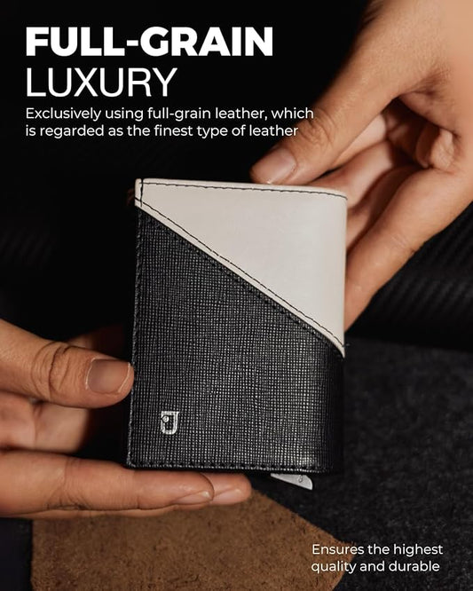 Jenoss Smart Wallet For Men: Full Grain Leather, Handcrafted, Slide Metal Pop Up Case, Slim RFID Blocking Credit Card Holder, Minimalist, Compact 12 Cards Slot Organizers, ID, Money Clip (Black&Cream)