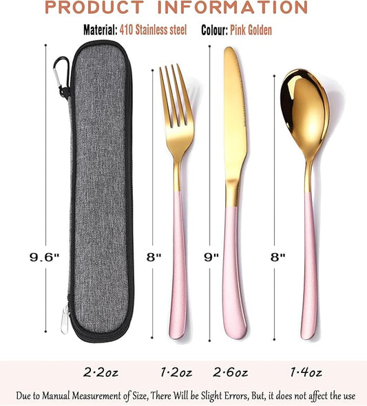 MURRI&MURRDI Stainless Steel Cutlery Set for 1, Reusable Flatware Set with Case, Cutlery Set for Work Stainless Steel Knife Fork Spoon Set 3 Piece (B- 3 Pink Gold)