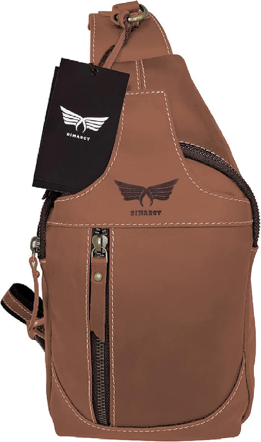 Leather Cross-body Sling Bag Casual Daypack Backpack Chest Shoulder Multi-Purpose Timeless Design Small Men (Light Brown)