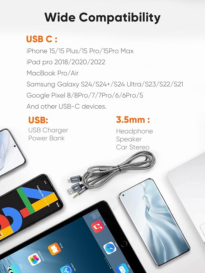 CableCreation USB C to 3.5mm Audio Cable with USB Charging Cable, Car Aux Cable, Type C to Aux Jack Headphone Car Stereo with 18W Charge for iPhone 16 15 Pro Max Plus, Galaxy S24/S23+, Pixel 9/8/7+