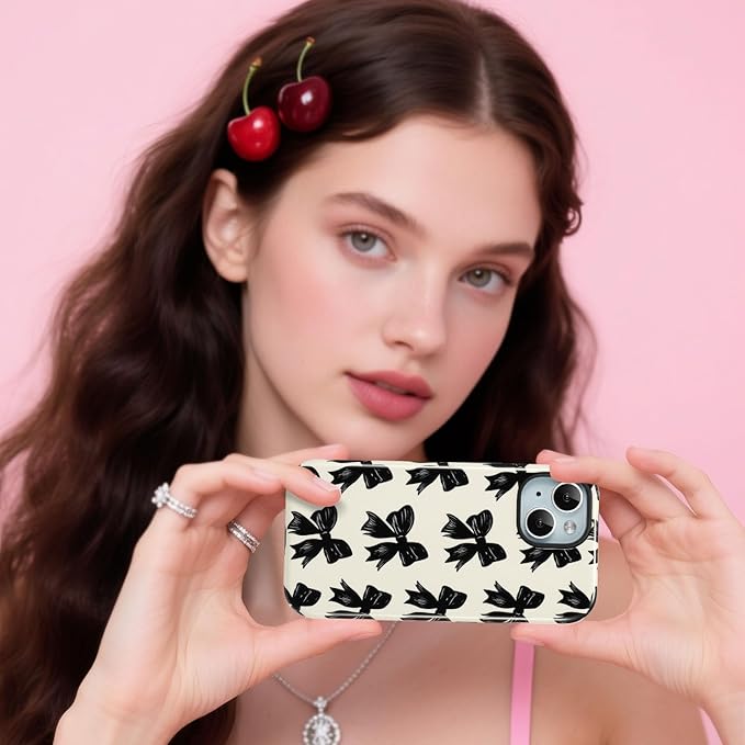 QLTYPRI Case for iPhone 15, Aesthetic Black Ribbon Bow Phone Case for Girls Women, Protective Hybrid 2-Layer Hard Shell Silicone Cover Durable Shockproof Phone Cover - Beige