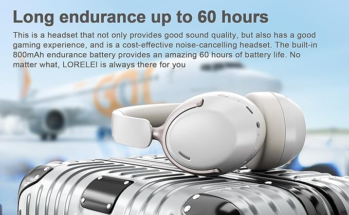 LORELEI QC30 Hybrid Active Noise Cancelling Headphones, 60H Playtime, Built-in Mic, Wireless Over Ear Headsets with Case,Bluetooth 5.4,Deep Bass Comfort Fit Soft-Earpads Fast Charging -White Smoke