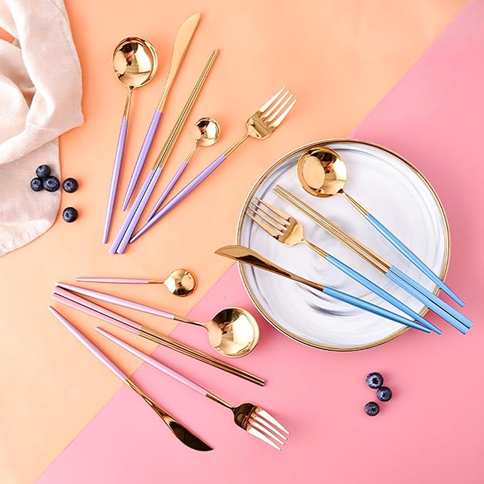 AARAINBOW 8 Pieces Stainless Steel Flatware Set Portable Reusable Cutlery Set Travel Utensils Set Including Chopsticks Knife Fork Spoon Straws Cleaning Brush Dishwasher Safe (Purple Golden)