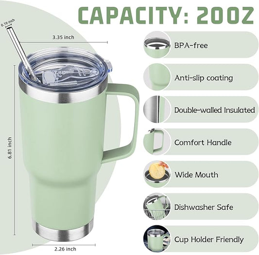 20 oz Tumbler with Handle Stainless Steel Insulated Coffee Tumbler with Lid and Straw Double Wall Vacuum Insulated Coffee Mug Leak Proof Travel Mug Tumbler for Hot and Cold Drink (Green Tea,8pack)