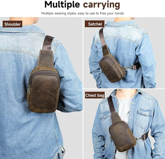 Genuine Leather Sling Bags for Men Crossbody Purse Vintage Small Messenger Shoulder Bag for Phone Side Chest Daypack Bag