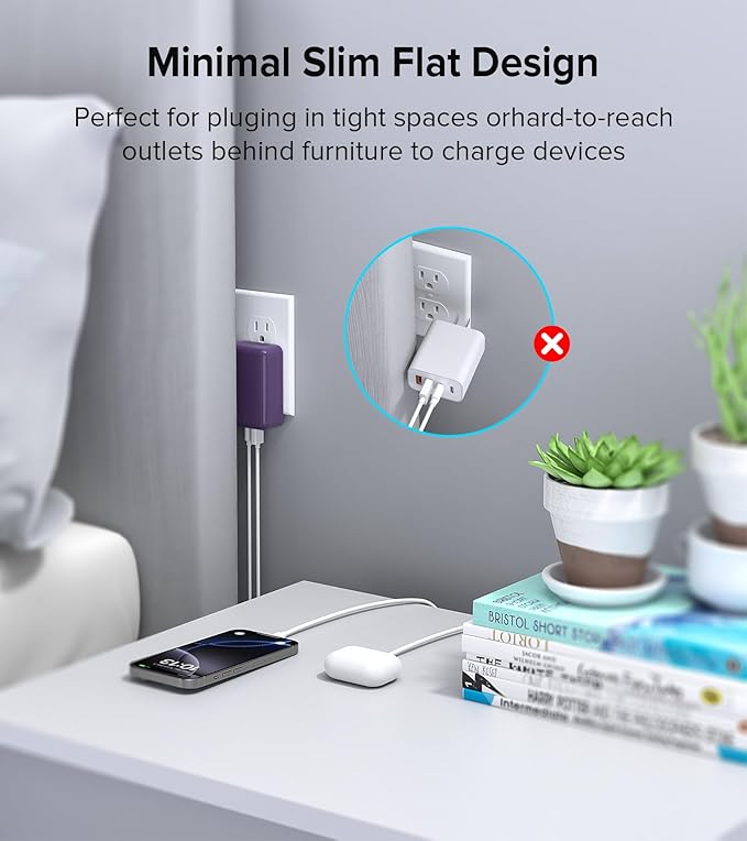 40W Flat USB C Charger Block, 2-Pack USB C Fast Charging Block 4-Port Dual PD+QC Power Adapter Double Charger Block Multiport Type C Cube Multiple Wall Plug for iPhone 16 15 14 13 12 Pro Max(Purple)