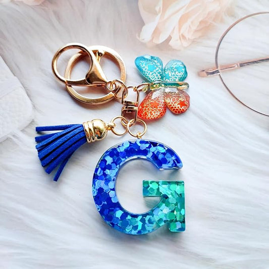 Cute Initial Letter Keychains for Women Girls Tassel Butterfly Pink Purple Green Keychain for Backpack School Bag
