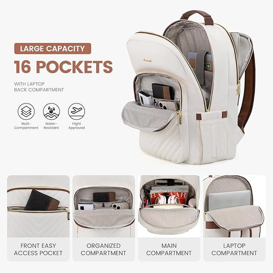 LOVEVOOK Laptop Backpack for Women 17.3 inch,Cute Womens Travel Backpack Purse,Professional Laptop Computer Bag,Waterproof Work Business College Teacher Bag Carry on Backpack with USB Port,White Brown