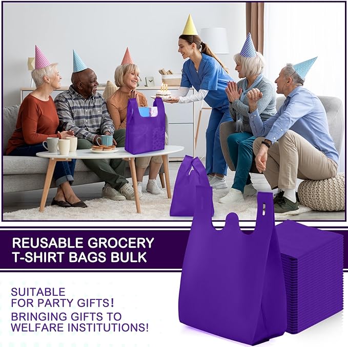 Windyun Large Grocery T-shirt Bags Bulk Reusable Non Woven Shopping Bag Foldable Gift Tote with Handle, 21x11x6 Inch