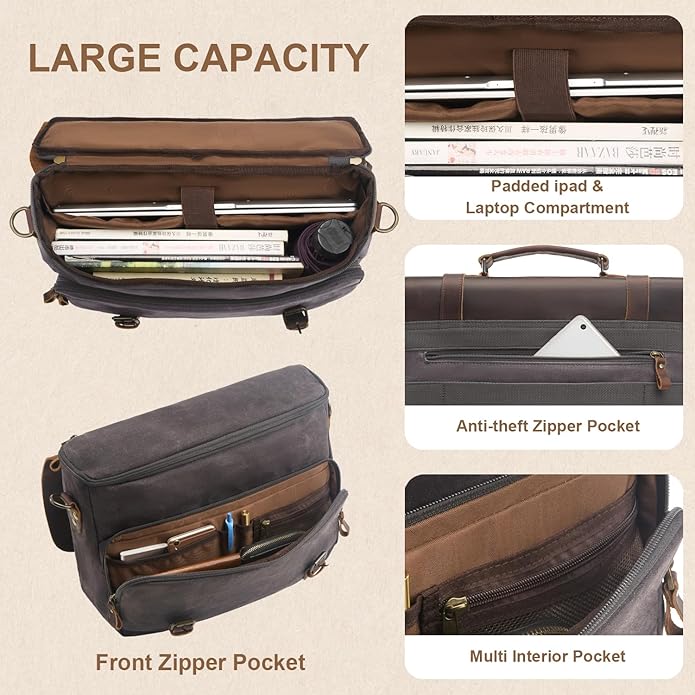 Mens Messenger Bag Waxed Canvas Laptop Briefcase 15.6“ Vintage Genuine Leather Crossbody Bags Waterproof Satchel Shoulder Bag