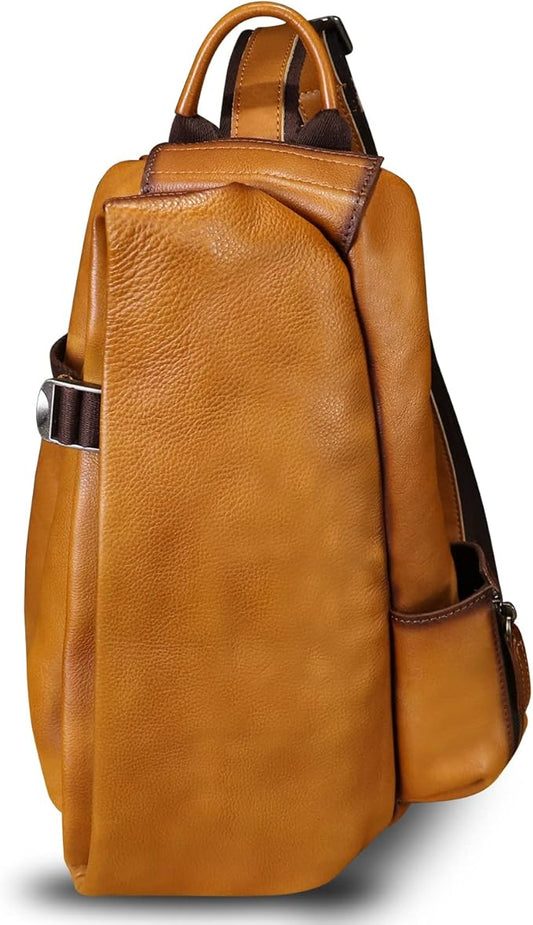 Genuine Leather Sling Bag Crossbody Purse Handmade Hiking Daypack Motorcycle Bag Retro Shoulder Backpack Vintage Chest Pack (Brown)