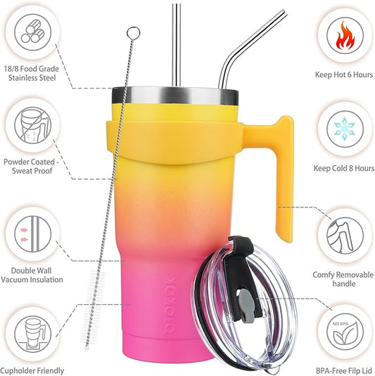 BJPKPK 20 oz Tumbler With Handle And Straw Stainless Steel Insulated Tumbler With Lid Reusable Metal Coffee Cups,Pink & Yellow Rose