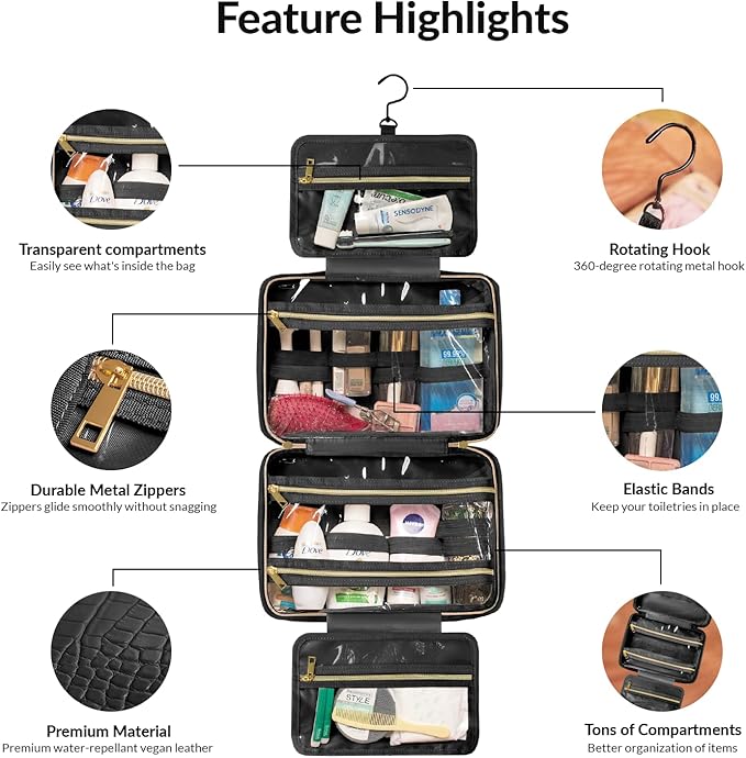 Dot&Dot Spacious Leather Toiletry Bathroom Bag - Hanging Travel Toiletry Bag for Women - Men's & Women's Toiletries Makeup and Cosmetic Organizer for Traveling Women