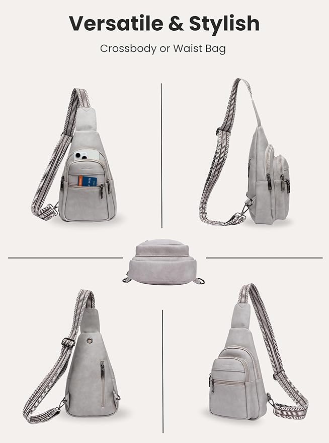 Sling Bag for Women Vegan Leather Fanny Pack Small Crossbody Purse Anti Theft Chest Bag for Travel Gray
