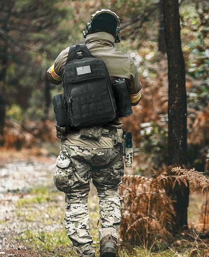 CVLIFE Tactical Sling Bag Backpack for Men Military Shoulder Sling Bag Molle Army Assault Detachable Tactical Bag with Bottle Holder Concealed Carry Daily Day Pack Work Bag for EDC Hiking, Black