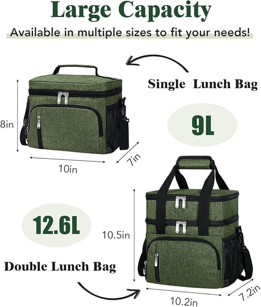 Insulated Lunch Bag for Men & Women - Leakproof Lunch Box Soft Cooler Tote, Adjustable Strap, Reusable Lunch Box for Work Office Picnic Beach Travel-Green