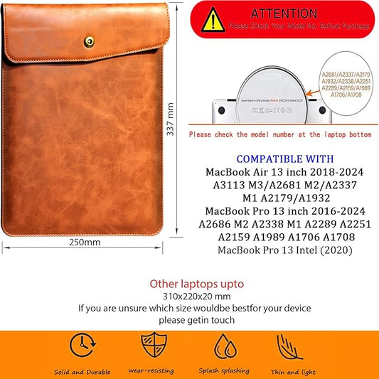 Genuine Leather Laptop Sleeve Compatible with 13 Inch MacBook Air M4 M3 M2 M1,Vertical Case for MacBook Pro M2 2022 M1 2020-2016, Brown