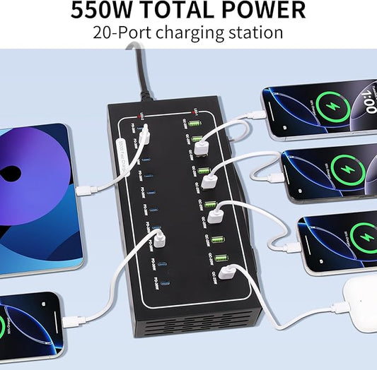 550W USB Charging Station, 20 Port (10 PD+10 QC) USB C Charger Block, Fast Charging Station for Multiple Devices with Smart Power Delivery for iPhone, iPad, Tablet and More