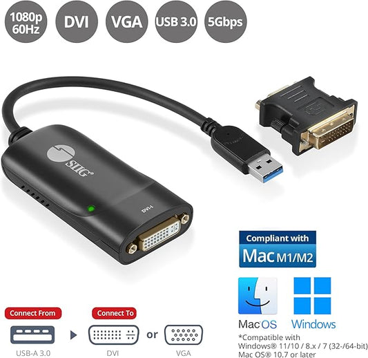 SIIG USB 3.0 to DVI Video Adapter with DVI to VGA Adapter | Quick and Easy Setup | 1080p or 2048x1152 Resolution | DisplayLink Manager Compatible, Support Windows 11, 10, Mac M1 & M2 (JU-DV0112-S3)