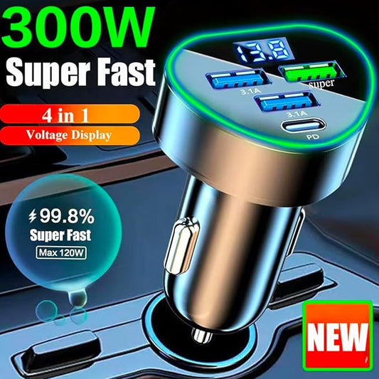 Multi Port USB C Car Phone Charger Adapter 4 in 1 with Voltage Display Super Fast Cigarette Lighter USB Charge with Volt Meter for iPhone 16/15/14/13/12 Galaxy Android Phones